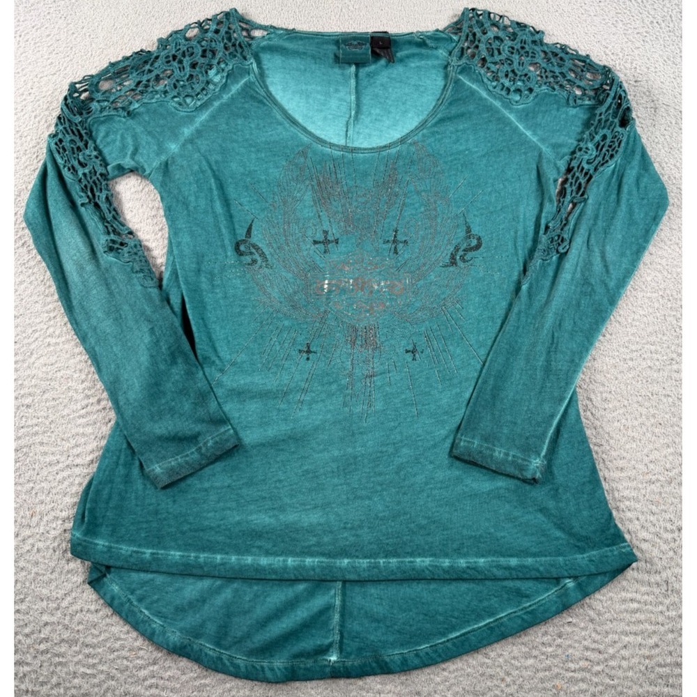 Harley Davidson Crochet Tunic Top Women Large Teal Green Tie-dye Long Sleeve Y2K